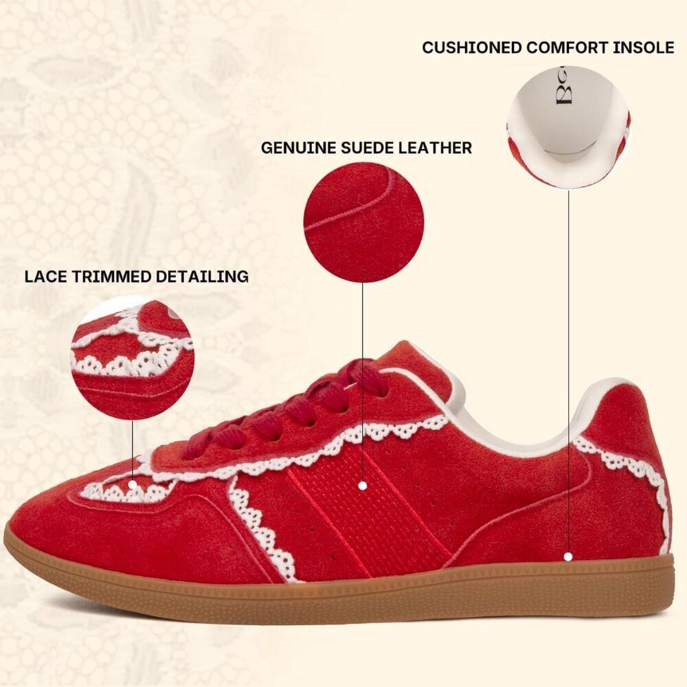 Casual Red Sneakers Women with Lace Detail Ribbon Leather Upper Memory Foam - Picture 2 of 6